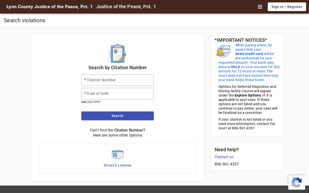 Lynn County warrant lookup, JP citation portal search fields