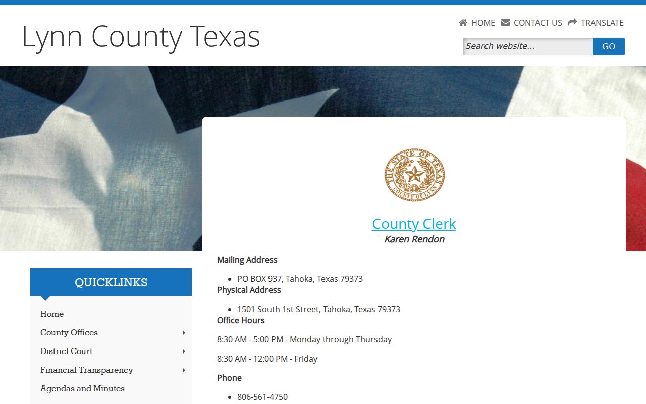 Lynn County warrant search routing, County Clerk contact page