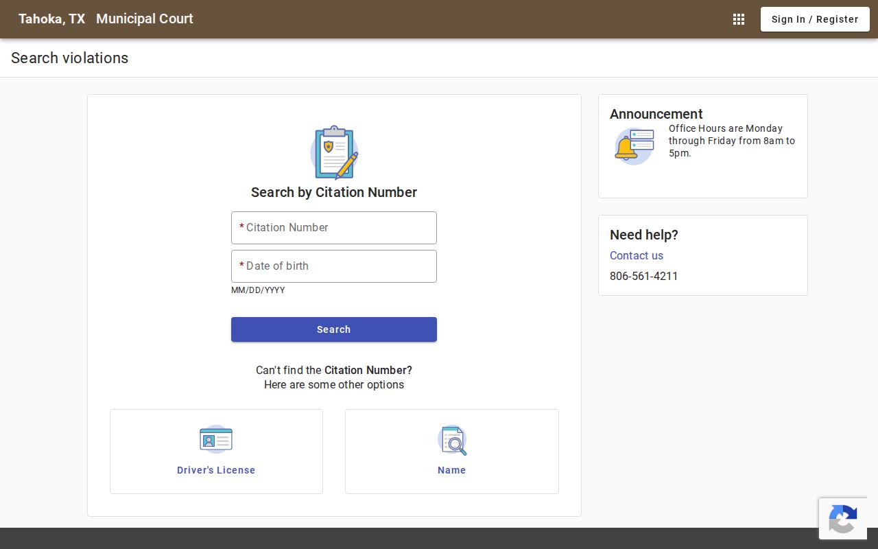 Tahoka traffic warrant records, municipal citation search page
