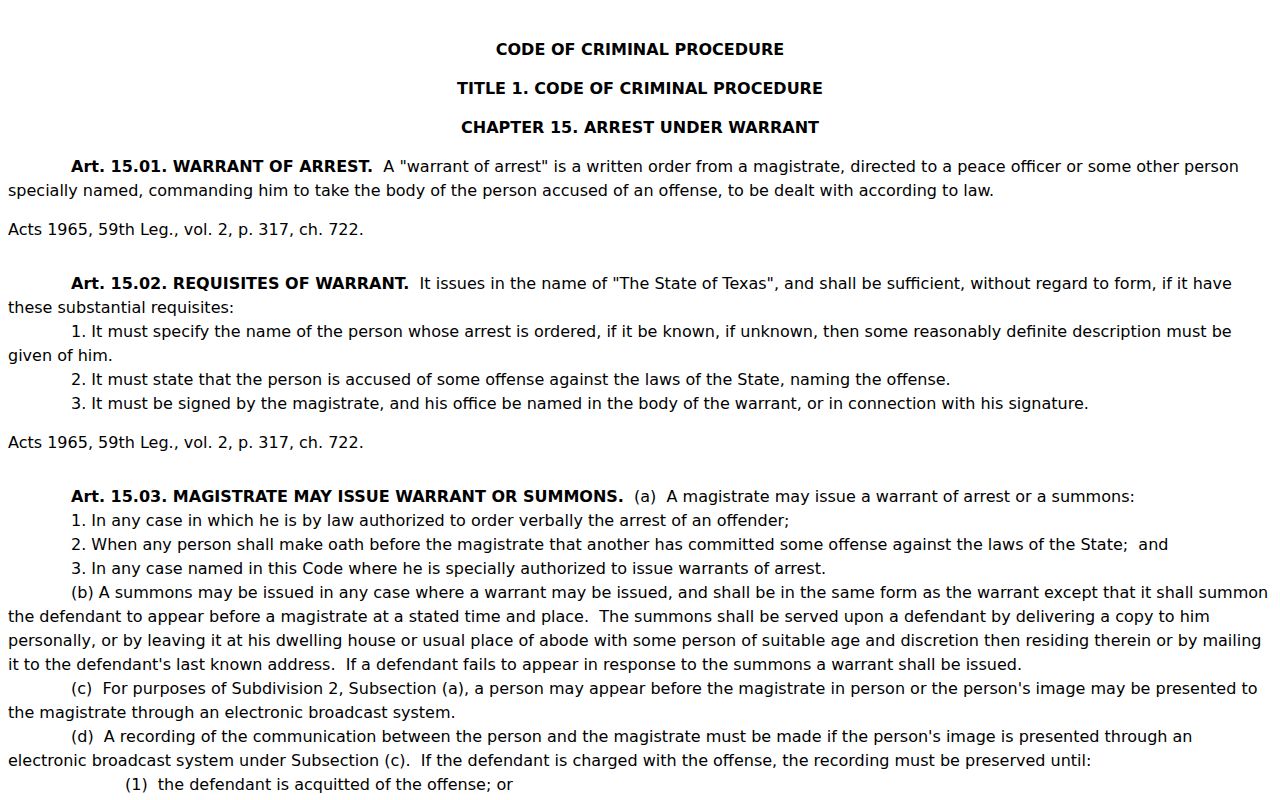 Lynn County arrest warrant records, Texas Code Chapter 15 requisites
