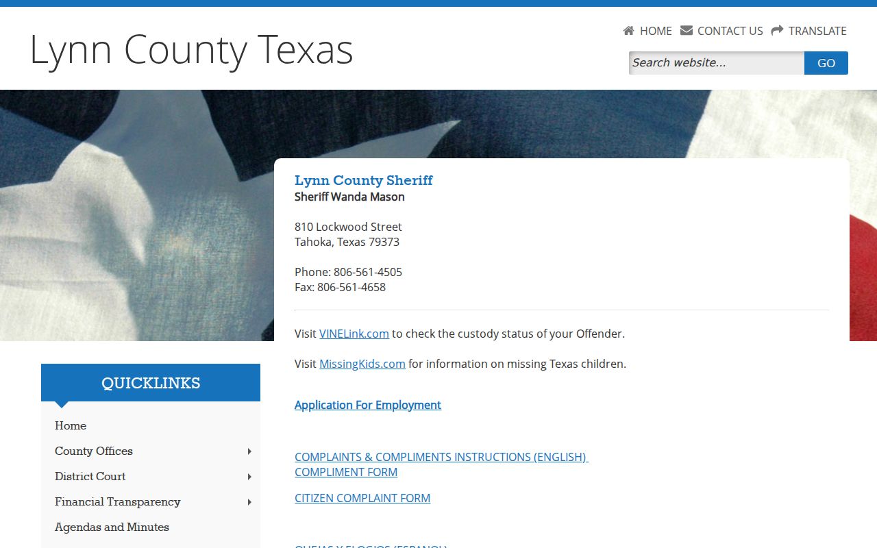 Lynn County active warrant records, sheriff contact page